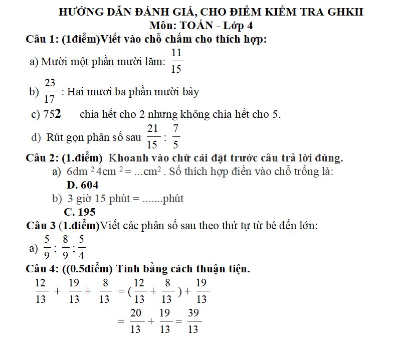Đáp án đề thi giữa học kì 2 môn Toán lớp 4