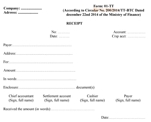 Mẫu phiếu thu Tiếng Anh theo thông tư 200/2014/TT-BTC