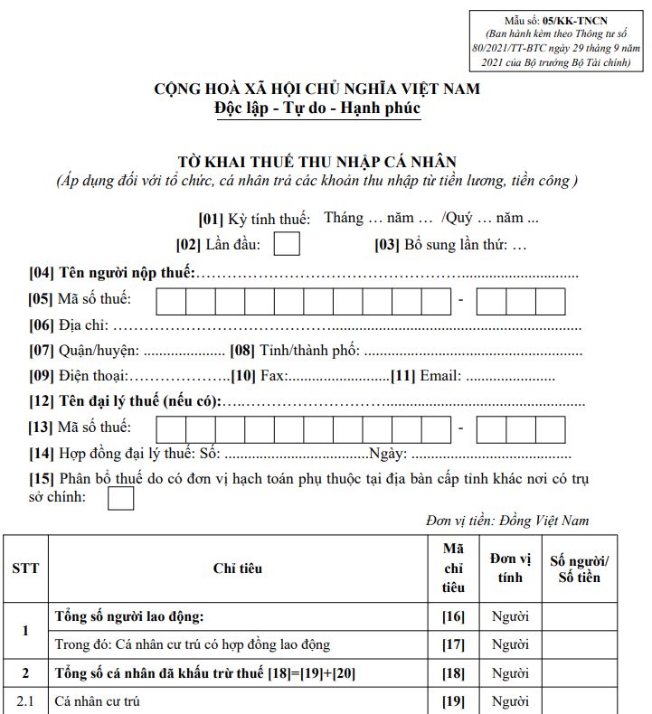 Tờ khai đăng ký thuế cho cá nhân nộp thuế TNCN – Mẫu 05/KK-TNCN