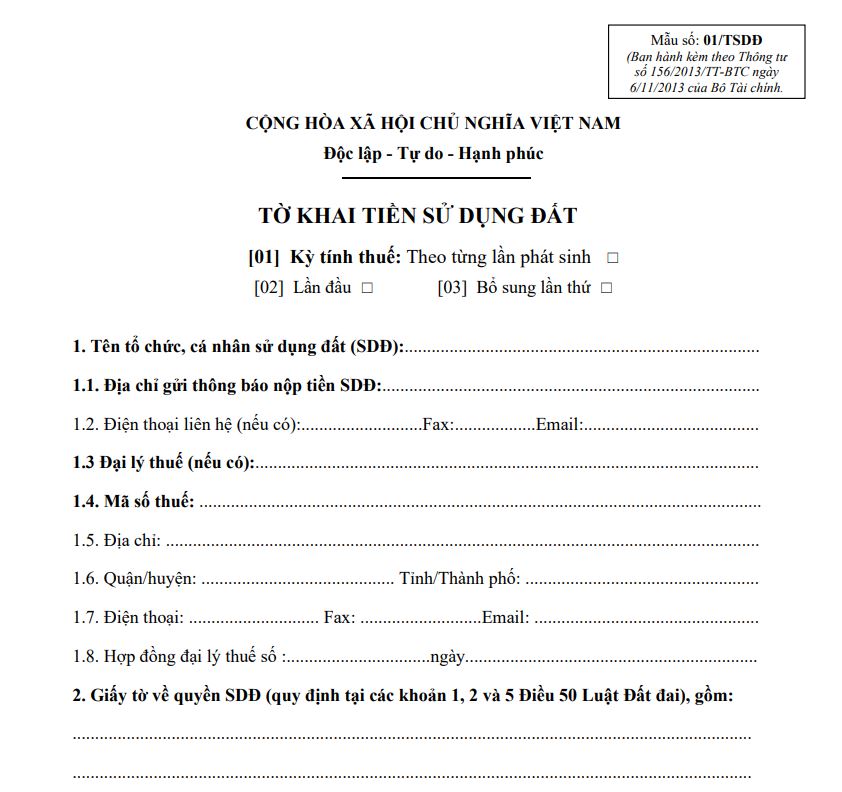 Tờ khai tiền sử dụng đất – Mẫu số 01/TSDĐ 2022