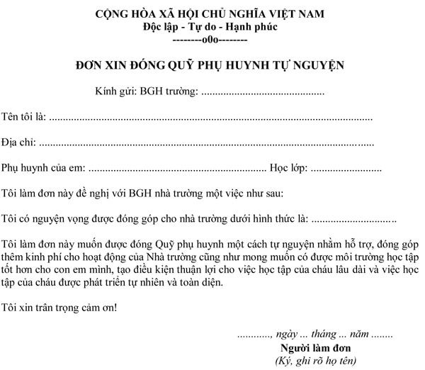 Đơn xin đóng quỹ phụ huynh tự nguyện mới 2022