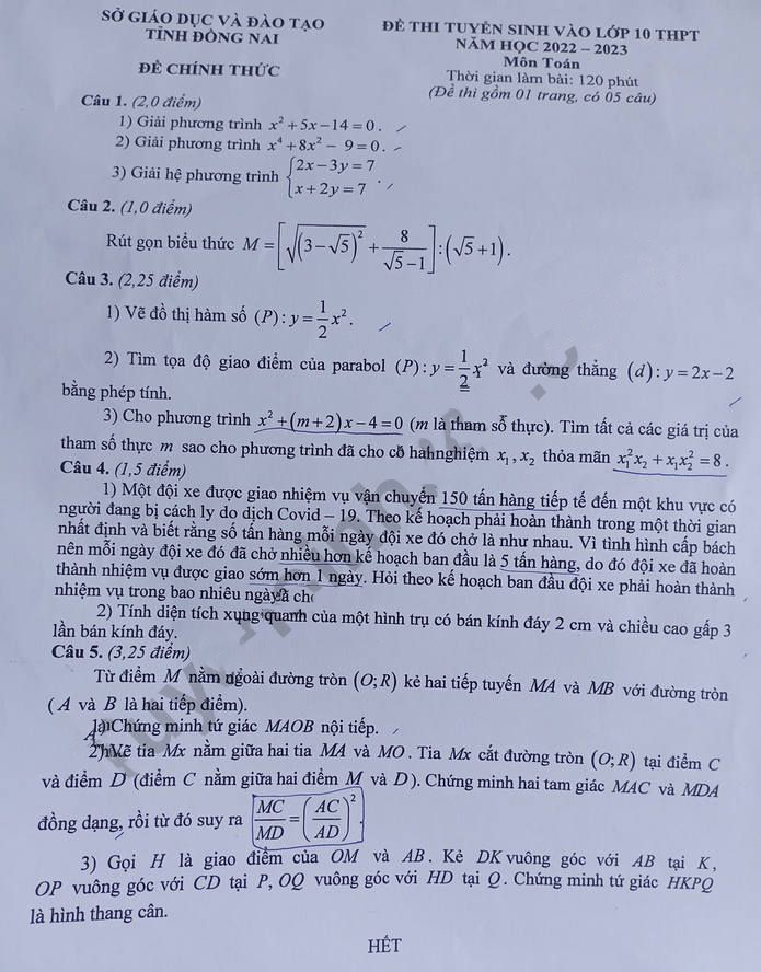 Đề thi tuyển sinh vào lớp 10 môn Toán Đồng Nai năm 2021