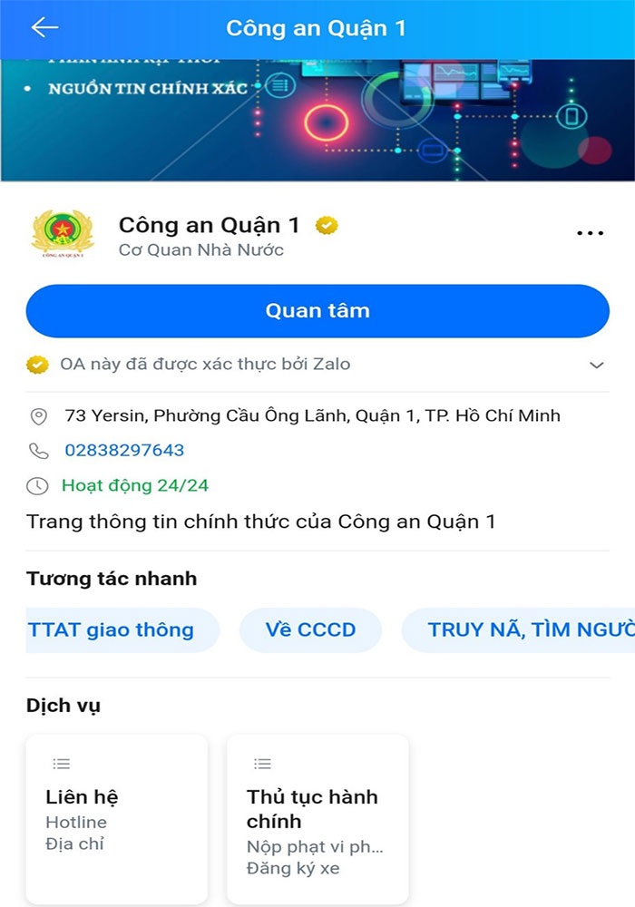 Hình ảnh minh họa trang Zalo Official Account Công an quận/huyện.