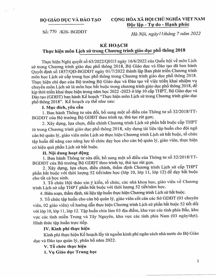 Nội dung Kế hoạch 770/KH-BGDĐT