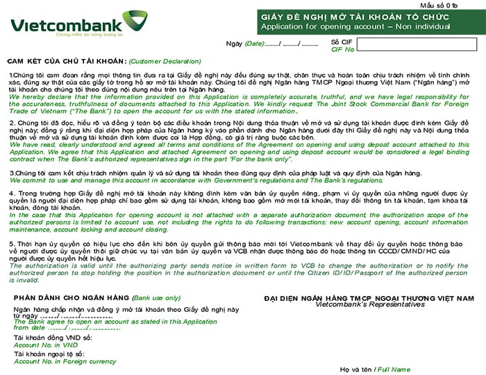 Mẫu giấy đề nghị mở tài khoản ngân hàng Vietcombank doanh nghiệp