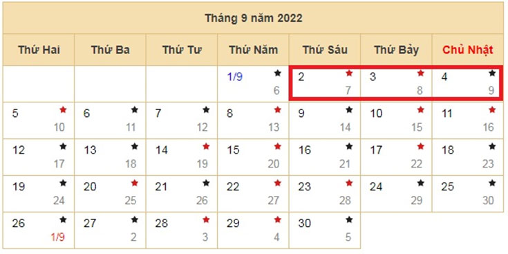 Lễ Quốc khánh 2/9/2022 được nghỉ 4 ngày, là từ 1/9/2022 đến 4/9/2022 (Tức từ thứ 5 đến hết Chủ Nhật).