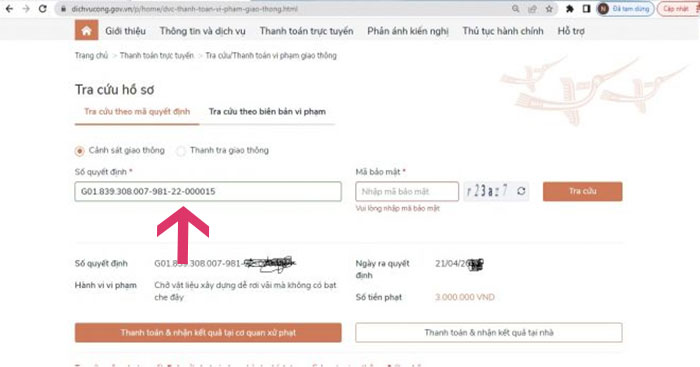 Nếu có quyết định xử phạt, Cổng DVC sẽ thông báo như hình