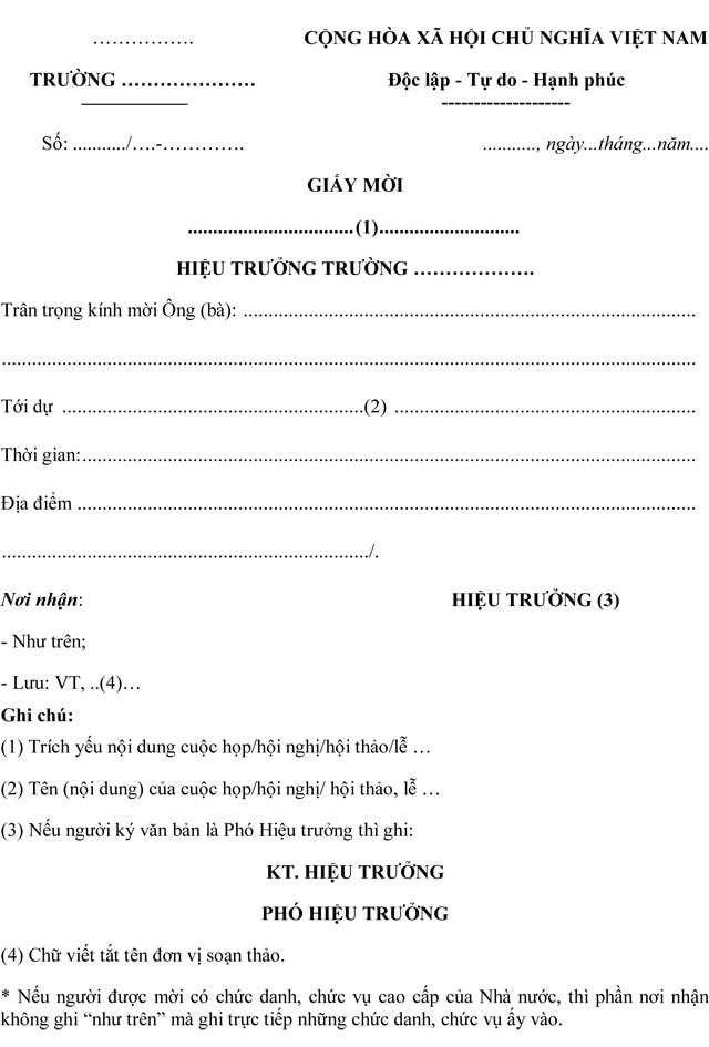Giấy mời từ hiệu trưởng mới nhất và cách viết