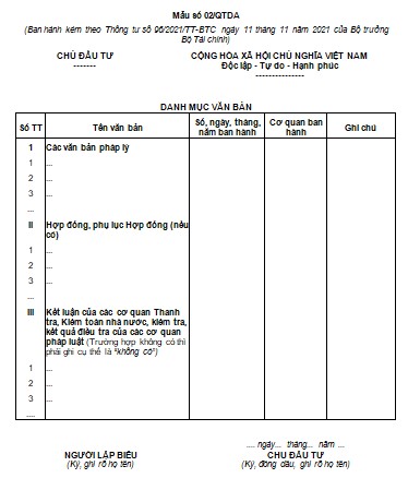 Mẫu 02/QTDA theo Thông tư 96/2021/TT-BTC