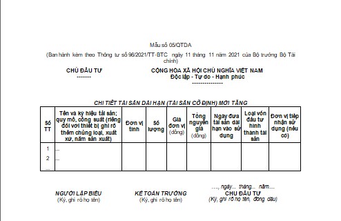 Mẫu số 05/QTDA theo Thông tư 96/2021/TT-BTC