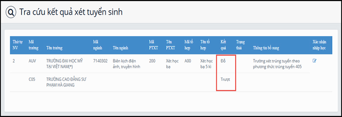 Xem kết quả xét tuyển
