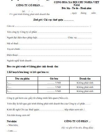 Công văn giải trình thuế về việc không phát sinh doanh thu
