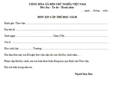 Đơn xin cấp thẻ đọc sách ở thư viện trường