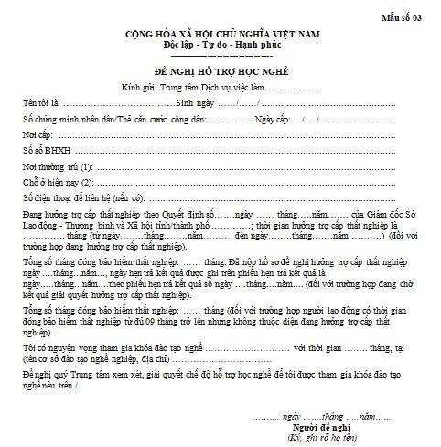 Đơn đề nghị hỗ trợ học nghề 2024 mới nhất - Mẫu số 03: Nghị định số 61 ...