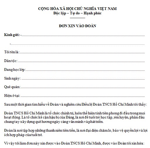 Đơn xin vào Đoàn TNCS Hồ Chí Minh