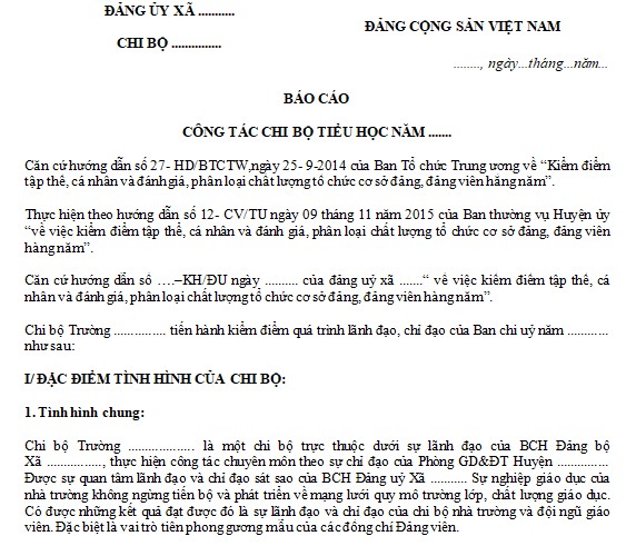 Báo cáo tổng kết công tác chi bộ Tiểu học 