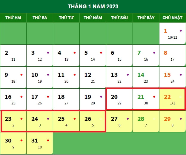 Lịch nghỉ Tết âm lịch 2023
