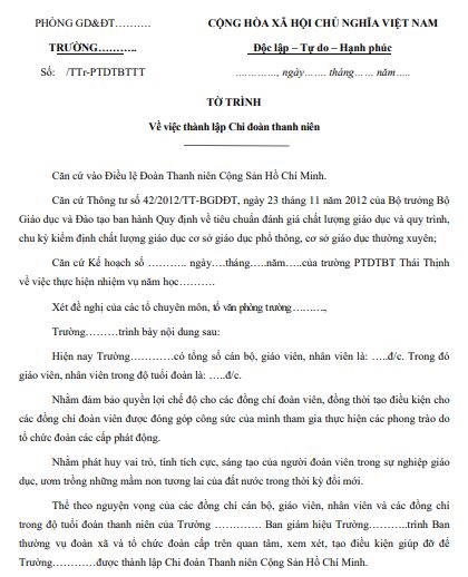 Tờ trình đề nghị thành lập chi đoàn thanh niên