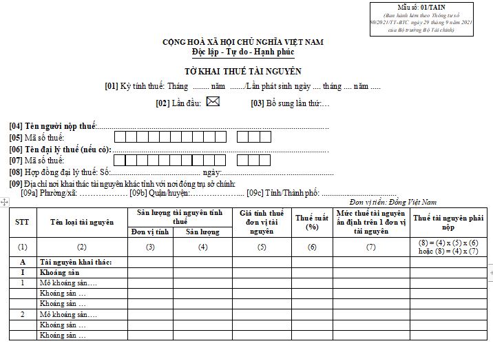 Tờ khai thuế tài nguyên Mẫu 01/TAIN Thông tư số 80/2021/TT-BTC