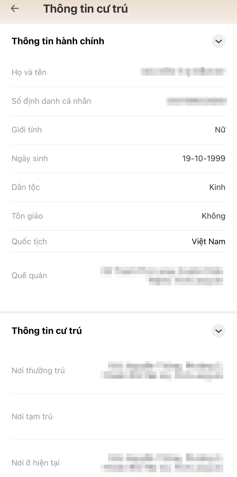 Bước 4: Nhập mật khẩu và xem thông tin cư trú
