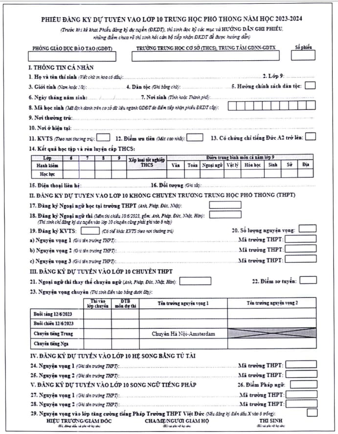 Phiếu đăng Ký Dự Tuyển Vào Lớp 10 Thpt Năm Học 2023 2024 Hoatieuvn 7475