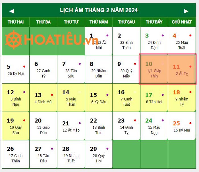 Mùng 1 và Mùng 2 âm lịch 2024 rơi vào ngày thứ Bảy và Chủ Nhật
