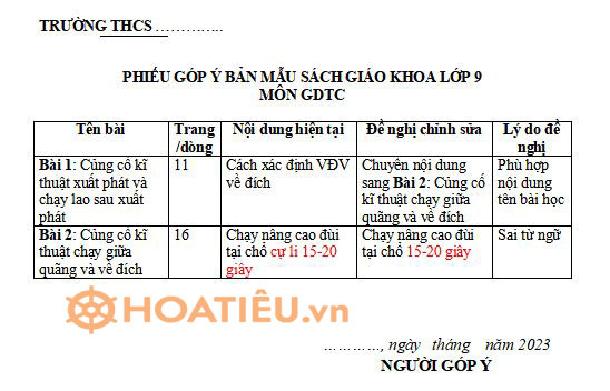 Phiếu góp ý bản mẫu sách giáo khoa lớp 9 môn giáo dục thể chất