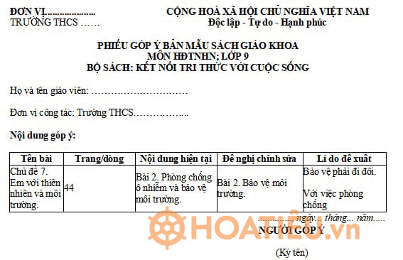 Phiếu góp ý bản mẫu sách giáo khoa lớp 9 môn Hoạt động trải nghiệm hướng nghiệp