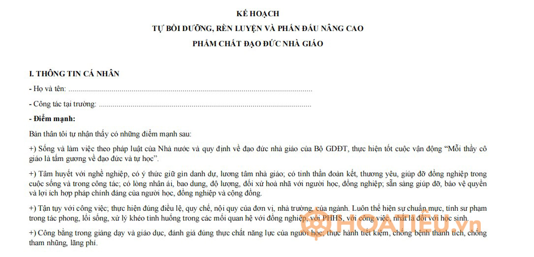 Kế hoạch tự bồi dưỡng, rèn luyện, phấn đấu nâng cao phẩm chất đạo đức nhà giáo