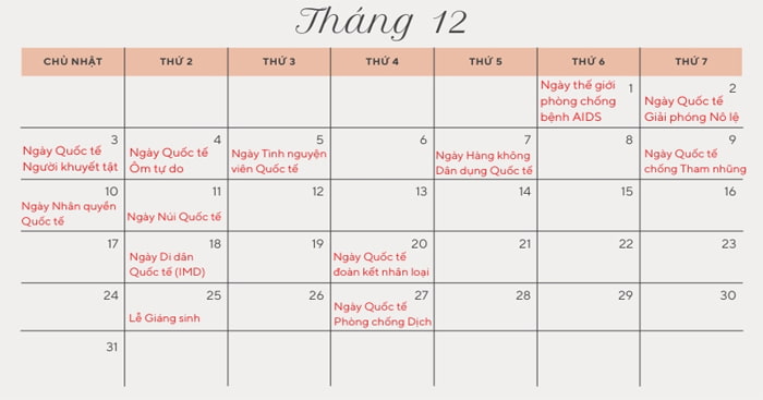 Các sự kiện, ngày lễ Việt Nam trong tháng 12