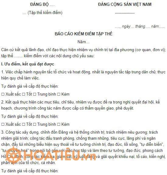 Báo cáo kiểm điểm tập thể chi ủy chi bộ Theo hướng dẫn 25 năm 2023