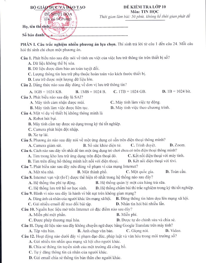 Cấu trúc đề thi THPT quốc gia 2025 môn Tin học Đề minh họa 2025 môn Tin
