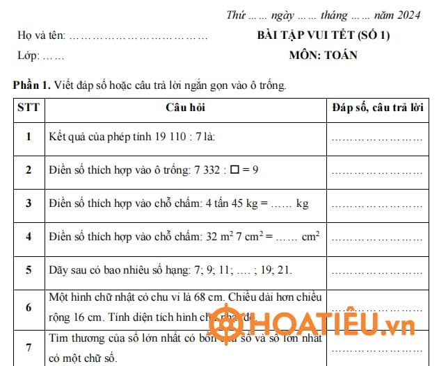 Bài tập Tết lớp 4 môn Toán