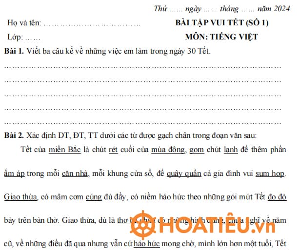 Bài tập Tết lớp 4 môn Tiếng Việt