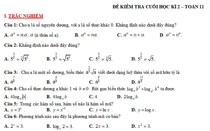 Đề thi học kì 2 Toán 11 sách mới có đáp án