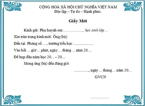 Giấy mời họp phụ huynh đầu năm